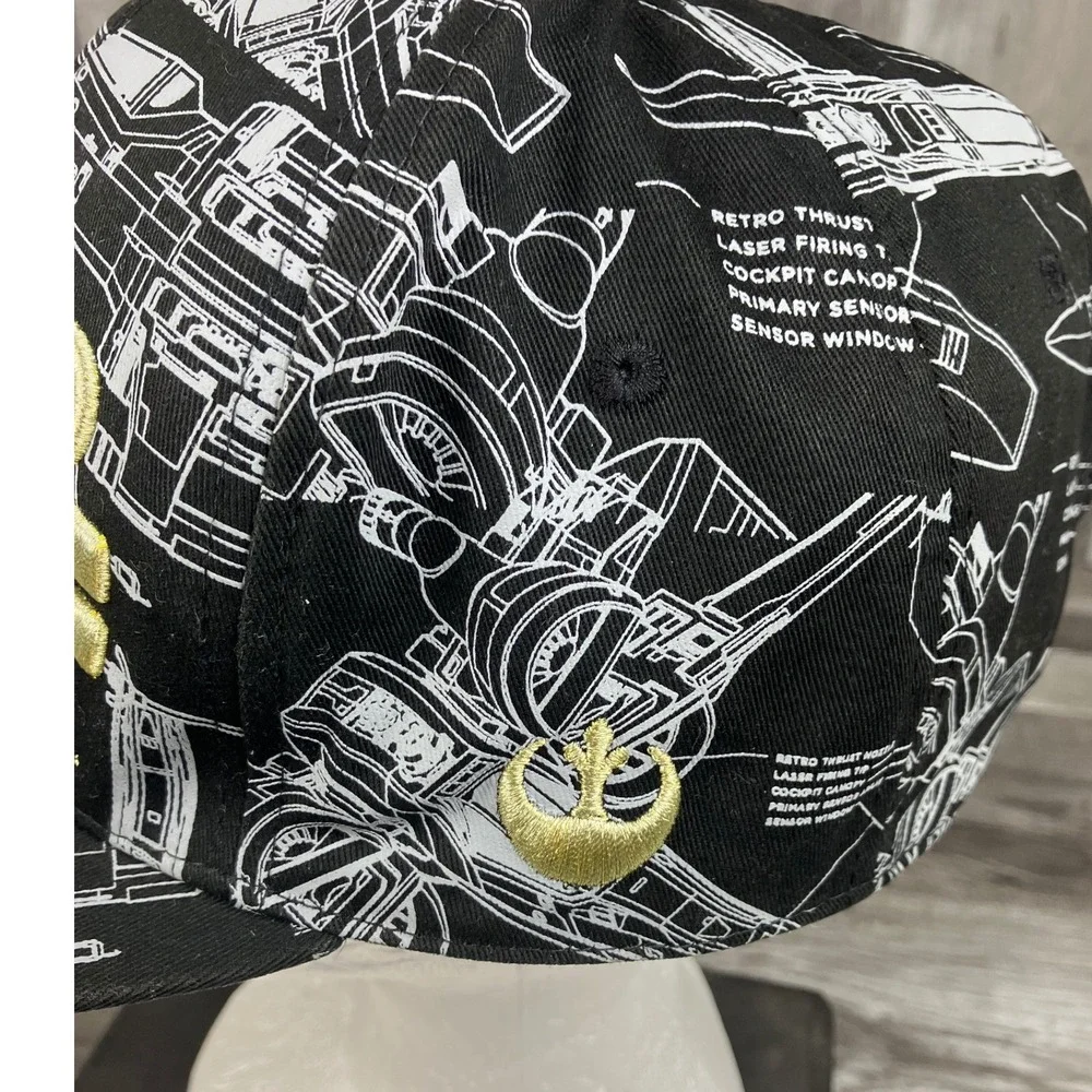 Star Wars ThinkGeek X-Wing Blueprint Snapback Hat Black Gold Logo Cap
